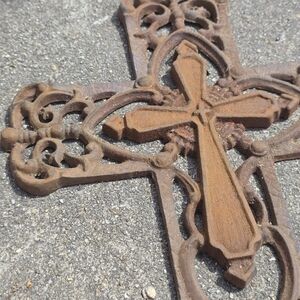 Ornate Rustic Cast Iron Cross Wall Decor - Brown